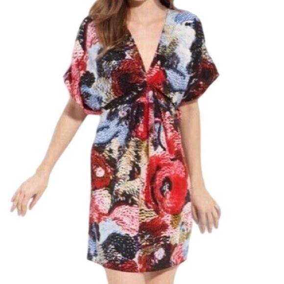 Anthropologie Leifsdottir Silk Mini Dress Abstract Print Dolman Sleeve V Neck 0 - Picture 2 of 9